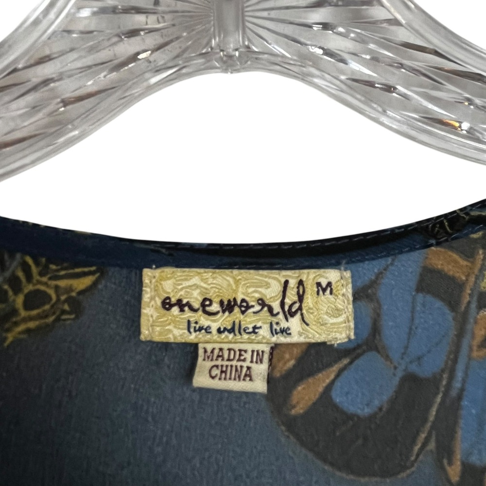 One World Blue Butterfly Print Sheer Open Front Kimono Cardigan‎ Swim Cover Med - Picture 5 of 7